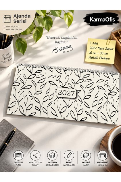 2027 Masa Sümeni Ajanda 16x33 cm Haftalık Planlayıcı Spiral Masaüstü Ajandası Beyaz Desenli