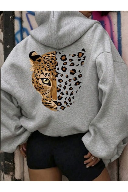 Women's Oversized Gray Leopard Print Hooded Sweatshirt