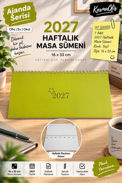 2027 Haftalık Masa Sümeni 16x33 cm Spiralli Masaüstü Planlayıcı Ajanda – Yeşil