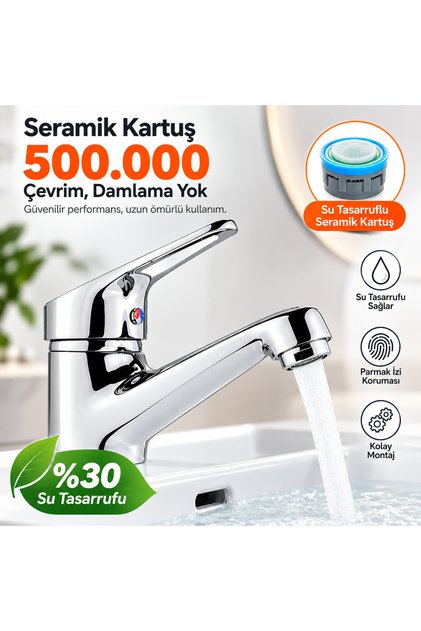 Chrome Fixed Sink Faucet Ceramic Cartridge Water-Saving Single Handle Bathroom Faucet
