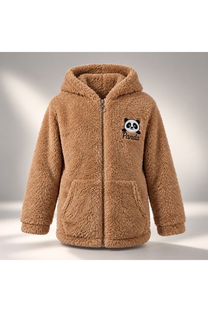 Girls Boys Soft Plush Cardigan – Brown Winter Cardigan with Panda Embroidery and Hooded Zipper 8-9-10-11-12 Years Old