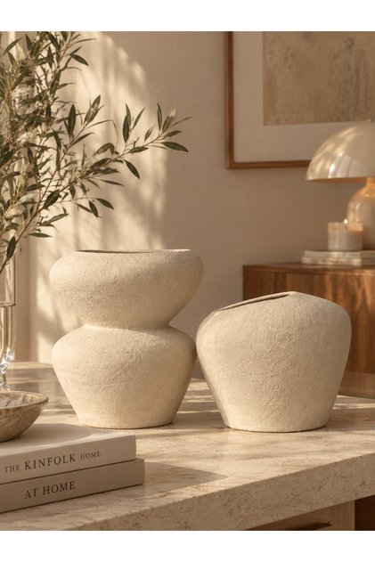 Doğal Dokulu El Yapımı Krem İkili Seramik Vazo Seti Minimalist Tasarım Dekoratif Obje(21 & 13 cm)