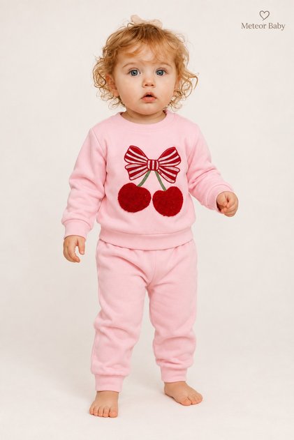 Baby Girl 2-Piece Set with Cherry Embroidery and Bow Detail, 2-Piece Top and Bottom Set, Seasonal