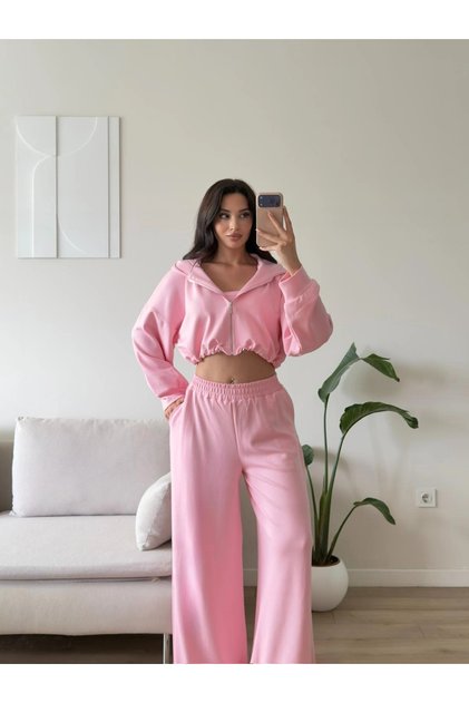 Kapüşonlu Crop Üçlü Takım - PEMBE
