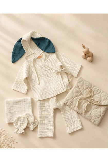 6-Piece Rabbit Ear Baby Hospital Discharge Set 4 Layers Muslin 0-3 Months | 100% Cotton | Blue