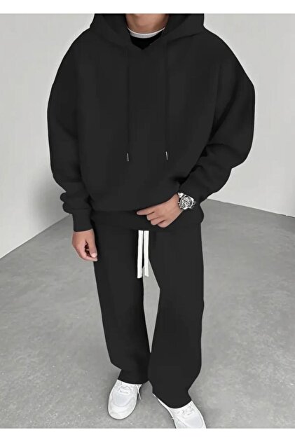 Hooded Solid Color 3-Thread Shardooned 100% Cotton Plus Size Winter Flat-Leg Men's Track Suit