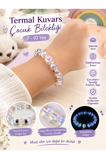 Thermal Quartz Natural Stone Children's Bracelet - for Ages 7-10, Glows in the Dark, Phosphorescent Focus and Calmness Bracelet