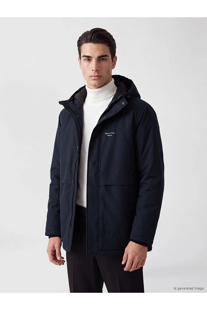 Navy Blue Regular Fit Hooded Men's Puffer Jacket