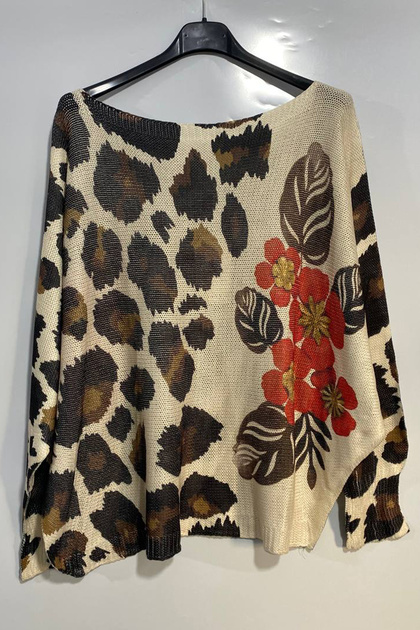 Women's Italian Patterned Printed Long Sleeve Mercerized Blouse Sweater