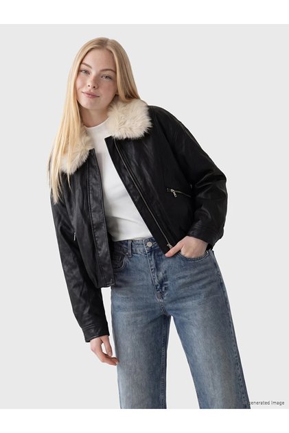Black fur collar women's Leather-Look coat