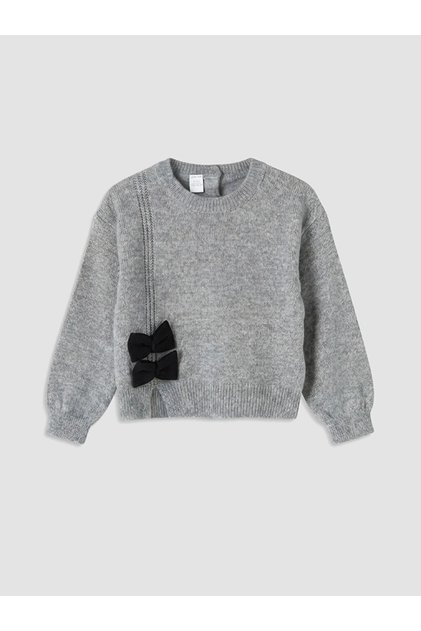 Gray Bow Detail Crew Neck Girls' Knit Sweater