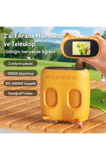 387 Sarı 2'si 1 Arada Dijital Çocuk Mikroskobu & Dürbün - 1000X Büyütme, 1000 Metre Menzil, 2 MP Full HD Ekranlı Eğitici Bilim Kiti