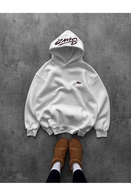 Unisex Oversize 3 İplik Şardonlu Kanguru Cepli "Kapüşonda ve Göğüste Slogan Yazılı" Baskılı Kapüşonlu Sweatshirt