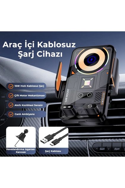SD38 15W Otomatik Sensörlü Hızlı Kablosuz Şarjlı Araç Telefon Tutucu - Tek Tuşla 90° Dönen, Çift Motorlu & RGB Işıklı Havalandırma Tutacağı