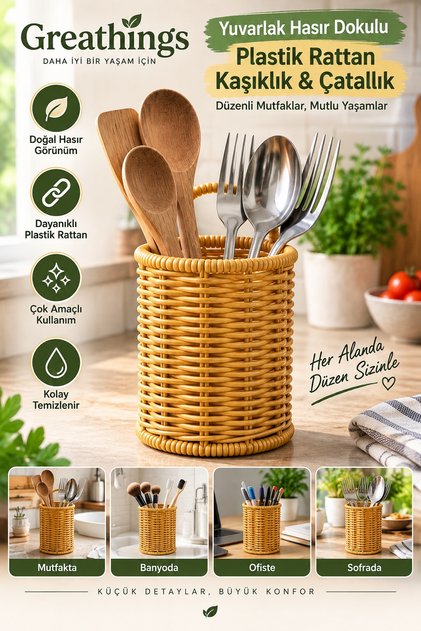 10x14 cm Yuvarlak Plastik Rattan Kaşıklık Çatallık Hasır Dokulu Mutfak Organizeri