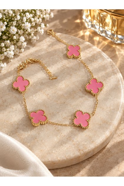 316L Çelik Gold Zincir Pembe Yonca Renk Bileklik