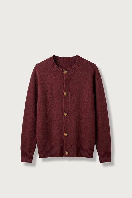 Men's Relax Fit Crew Neck Buttoned Knitwear Cardigan Claret Red