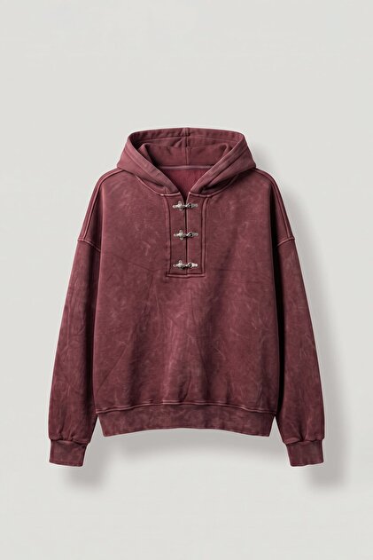 Men's Boxy Fit Washed Metal Buckle Hooded Sweatshirt Burgundy