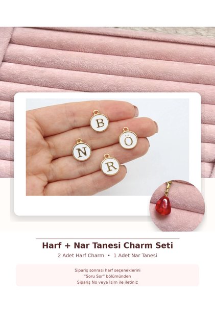 2 Adet Harf + 1 Adet Nar Tanesi Charm Seti | Kişiye Özel Altın Renkli