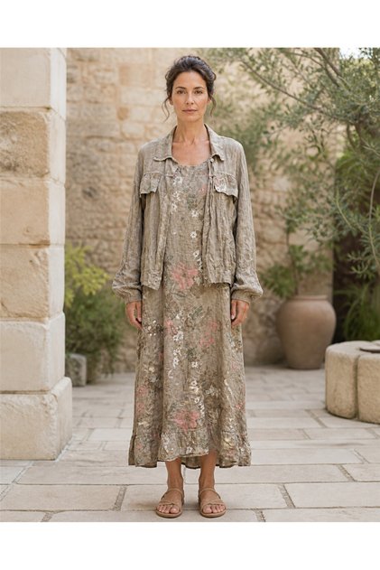 Mink Color Jacketed Sleeveless Floral Patterned Linen Dress