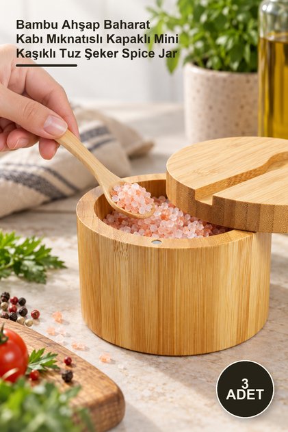 3 Pieces Wooden Spice Container with Spoon – Bamboo Wood Spice Container with Magnetic Lid, Mini Spoon, Salt, Sugar, Spice Jar