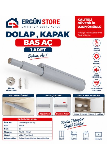 Dolap Kapak Bas Aç Mıknatıslı Kapak Basaç 1 Adet Kapak İtici Dolap Kilidi Basılıp Açılan