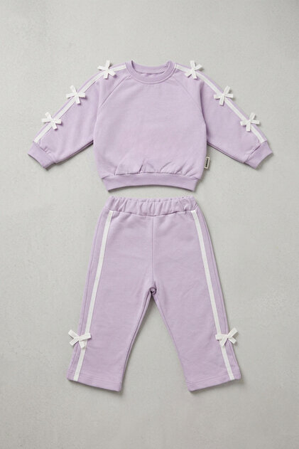 Baby Girl Bow Detailed Striped Tracksuit Set