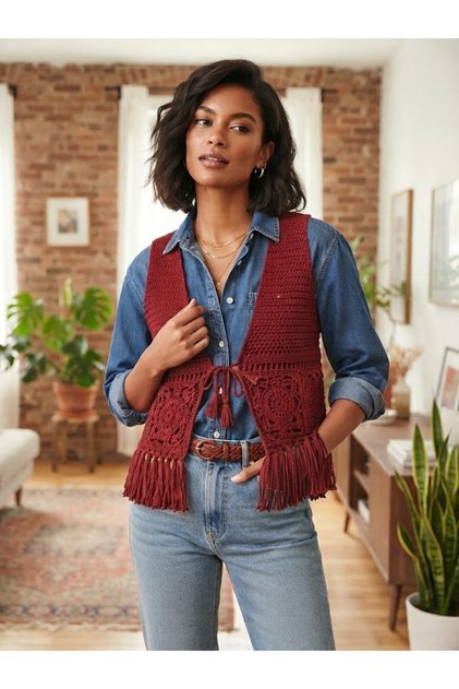 Hand Knitted Cotton Thread Vest with Motifs and Tassels