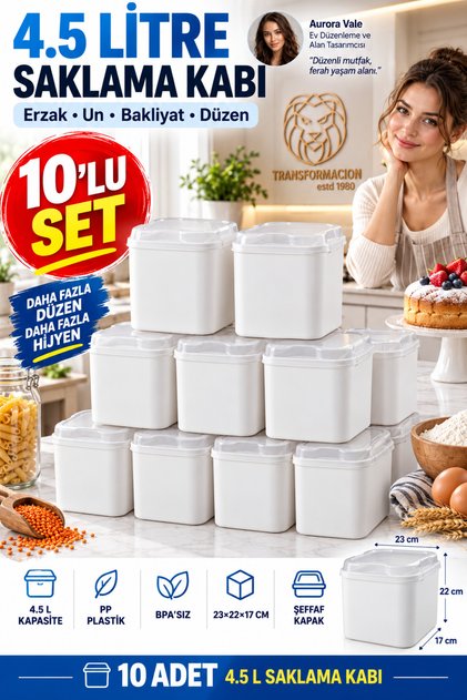 10 Pcs 4.5 Lt Large Air-Tight Transparent Lid White Kitchen Pantry Food Flour Legumes Detergent Storage Container Organizer Box 723710