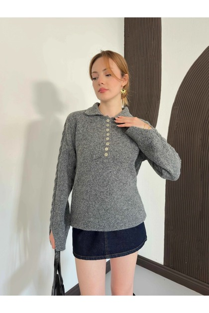 Button Detailed Collared Sleeve Patterned Knitwear Sweater