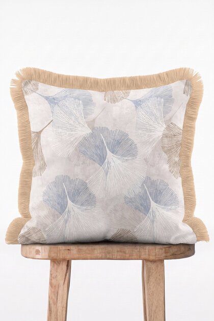 Ginkgo Haze Ginkgo Leaf Patterned Beige Blue Fringed Decorative Throw Pillow Cover