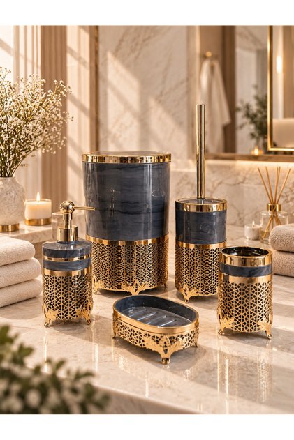 Gold Bathroom Set with Gray Metal Stand – 5-Piece Luxury Bathroom Accessory Set / Toilet Brush Holder, Liquid - Solid Soap Dispenser, Trash Can, Toothbrush Holder