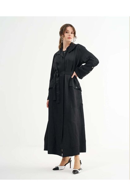 Hooded Belted Linen-Blend Long Coat - Black