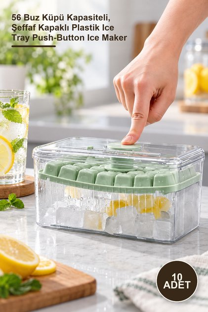 10-Piece Push-Button Ice Tray – 56 Ice Cube Capacity, Plastic Ice Tray with Transparent Lid Push-Button Ice Maker