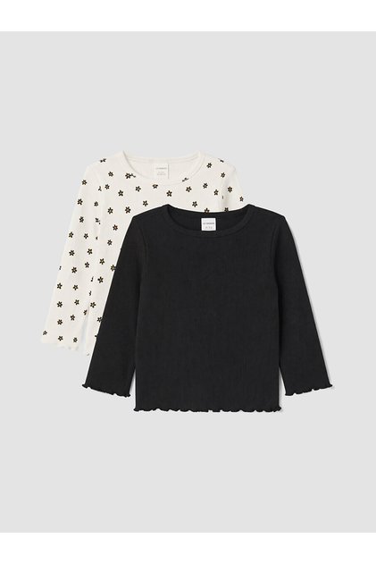 Alita City Ecru Ribbed Floral Narrow & Slim Long Sleeve Girls' T-Shirt