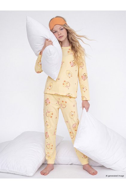 Peak Yeni Sezon Sarı Bisiklet Yaka Kız Çocuk Pijama Takım