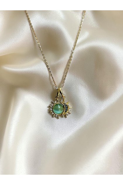Gold Moon-and-Sun Steel Necklace with Blue Stones