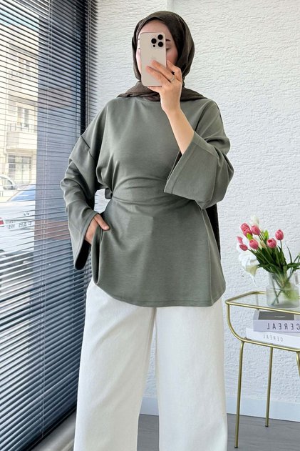 Premium Back-Tie Double Face Blouse - Khaki