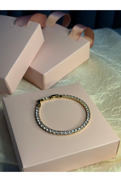 Premium Gold Çelik Zirkon Taş İşlemeli Klasik Zamansız Suyolu Bileklik CL58