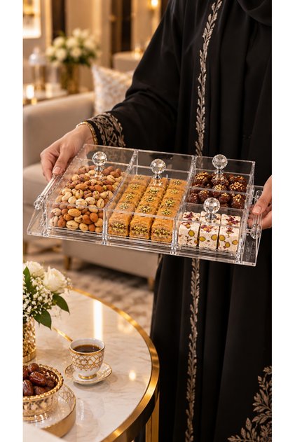 صينية تقديم من الأكريليك الشفاف بغطاء ومقبض علوي أنيق، مقسمة من الداخل لتنظيم الضيافة وحفظ