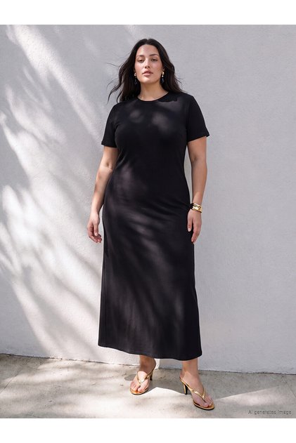 Texx Store Quality Lcw Curve Black Diver Fabric Straight Loose & Generous Oval Neck Midi Dress