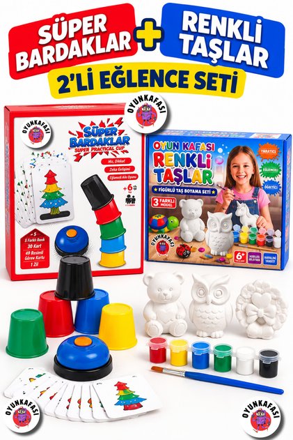 2-Pack Fun Set Super Cups Speed Attention Game + Colorful Stones Figure Painting Set Kids Family Activity Game
