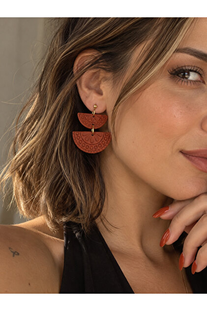 Terra Mandala Brick Color Patterned Dangle Earrings for Women – Bohemian Ethnic Half Moon Design Earrings