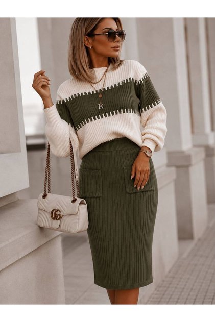 Khaki Pocket Detail Skirt Sweater Knitwear Two-Piece Set