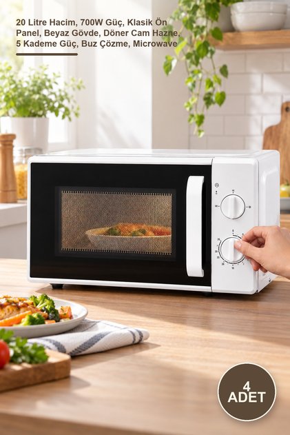 4 Adet Mikrodalga Fırın – 20 Litre Hacim, 700W Güç, Klasik Ön Panel, Beyaz Gövde, Döner Cam Hazne, 5 Kademe Güç, Buz Çözme, Microwave