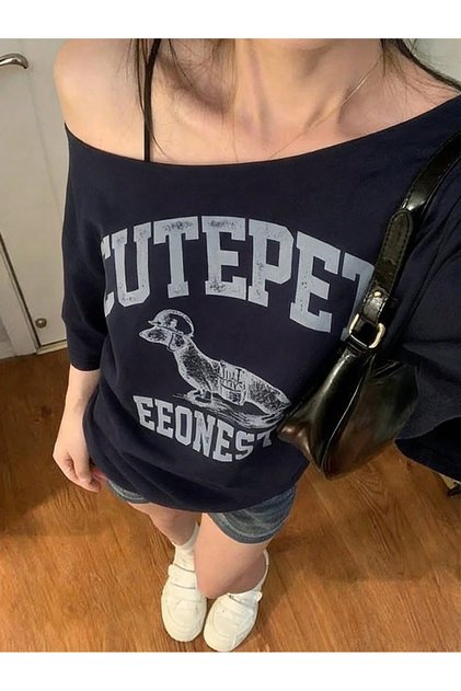 Women's Navy Blue Cutepet Printed Boat Neck T-Shirt