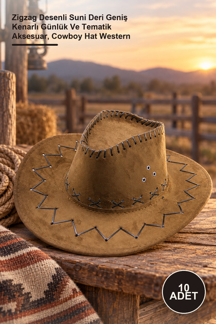 10 Pieces Cowboy Model Hats – Zigzag Patterned Faux Leather Wide Brim Casual and Themed Accessory, Cowboy Hat Western