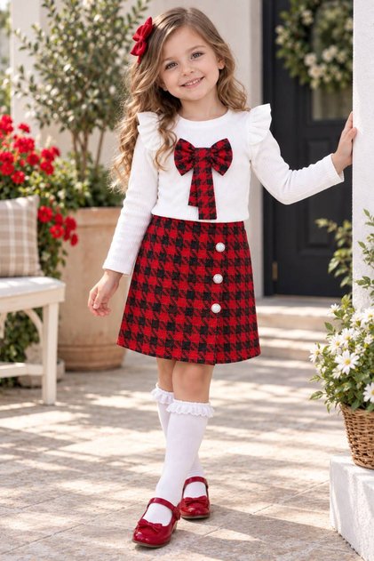Girl's Red and Green Plaid Skirt Tweed Suit - Stylish Combination with Bow Detail, 2-Piece Set (Ages 3-4-5-6-7-8)