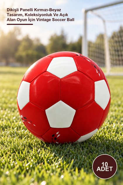 10 Adet Nostaljik Futbol Topu – Dikişli Panelli Kırmızı-Beyaz Tasarım, luk Ve Açık Alan Oyun İçin Vintage Soccer Ball