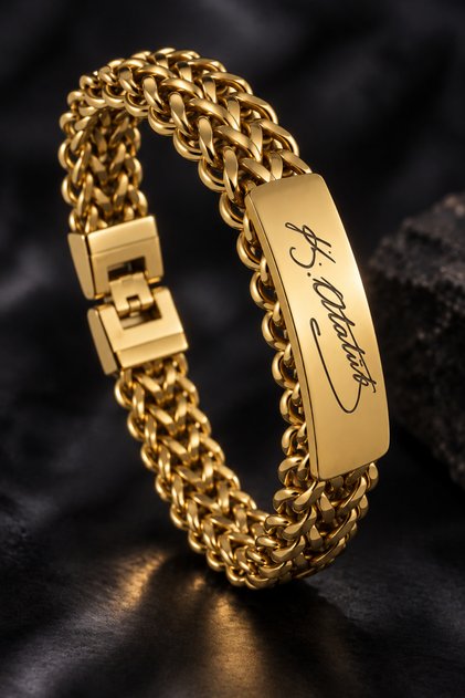 Men's Steel Bracelet Gold Color Double Row Braided Kemal Atatürk Signature Model Thick Bracelet